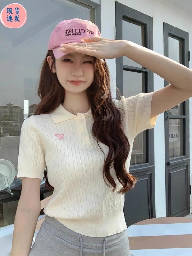 法式夏季冰丝针织独特polo领短袖t恤女蝴蝶刺绣甜辣短款小衫上衣