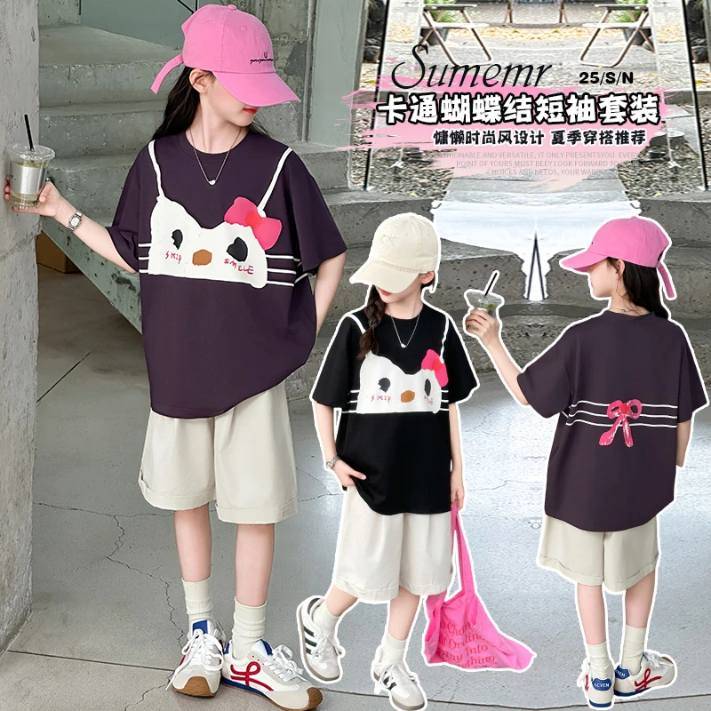 女童夏季T恤套装2025新款韩版洋气薄款儿童装休闲短袖短裤两件套