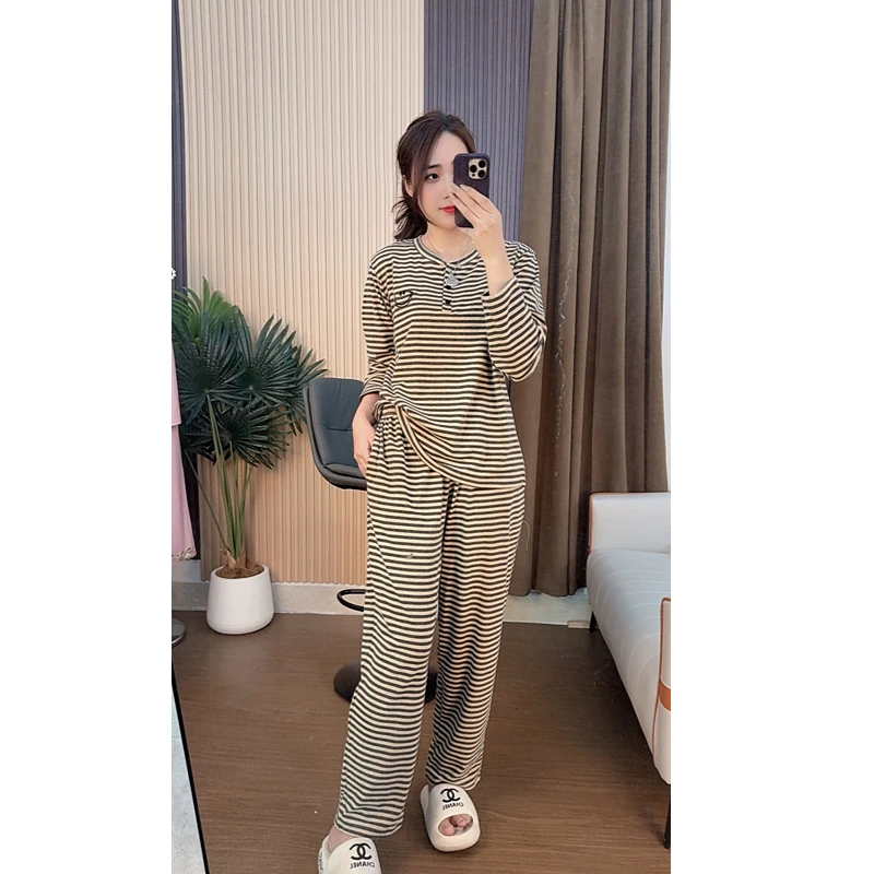 睡衣女冬季新款蚕丝棉长袖长裤韩版休闲家居服套装（米杏条纹）