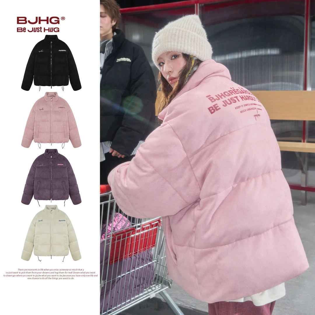 BJHG棉服男款冬季2024年新款加厚仿麂皮美式立领防寒服棉衣外套女