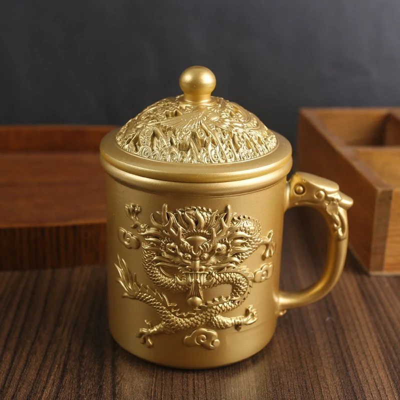 龙凤黄铜水杯茶杯中式复古仿古摆件家居餐厅摆设装饰品