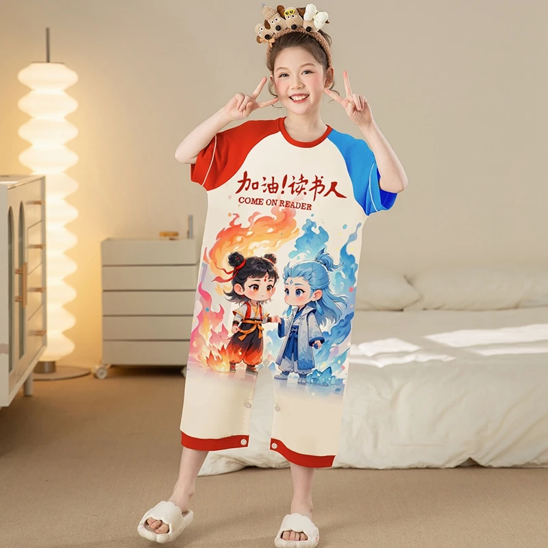 bejirog/北极绒卡通小女孩纯棉圆领防踢睡袋中大童夏季短袖连体服