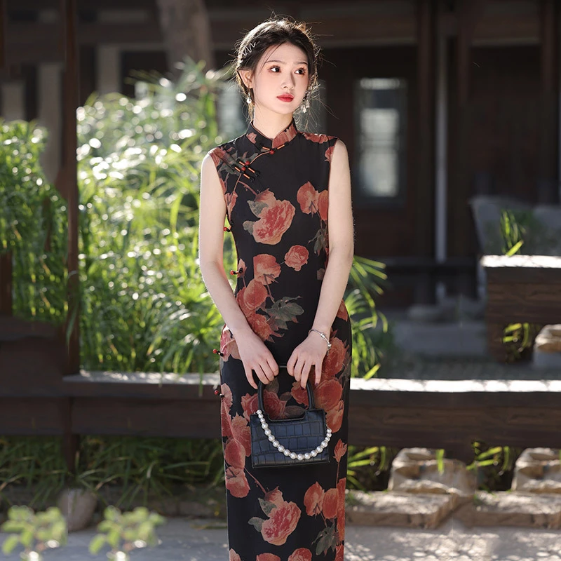 玫瑰无袖国风中式长款旗袍2025新款年轻款女复古修身日常可穿夏季