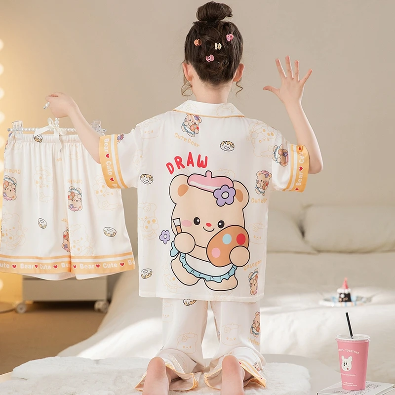 儿童睡衣2025新款夏季薄款冰丝女童三件套短袖女孩大童春秋家居服