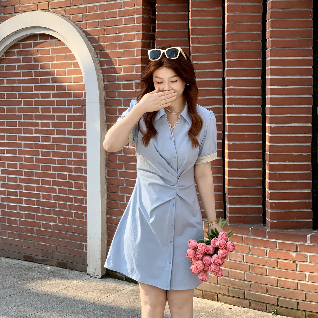 楠序小鈺微胖女装 设计感收腰蓝色连衣裙女夏季2025裙子女DD10276