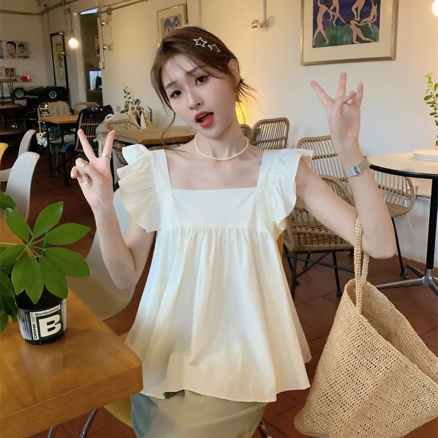 法式甜美方领小飞袖衬衫夏季时尚显瘦薄款蝴蝶结绑带设计感上衣