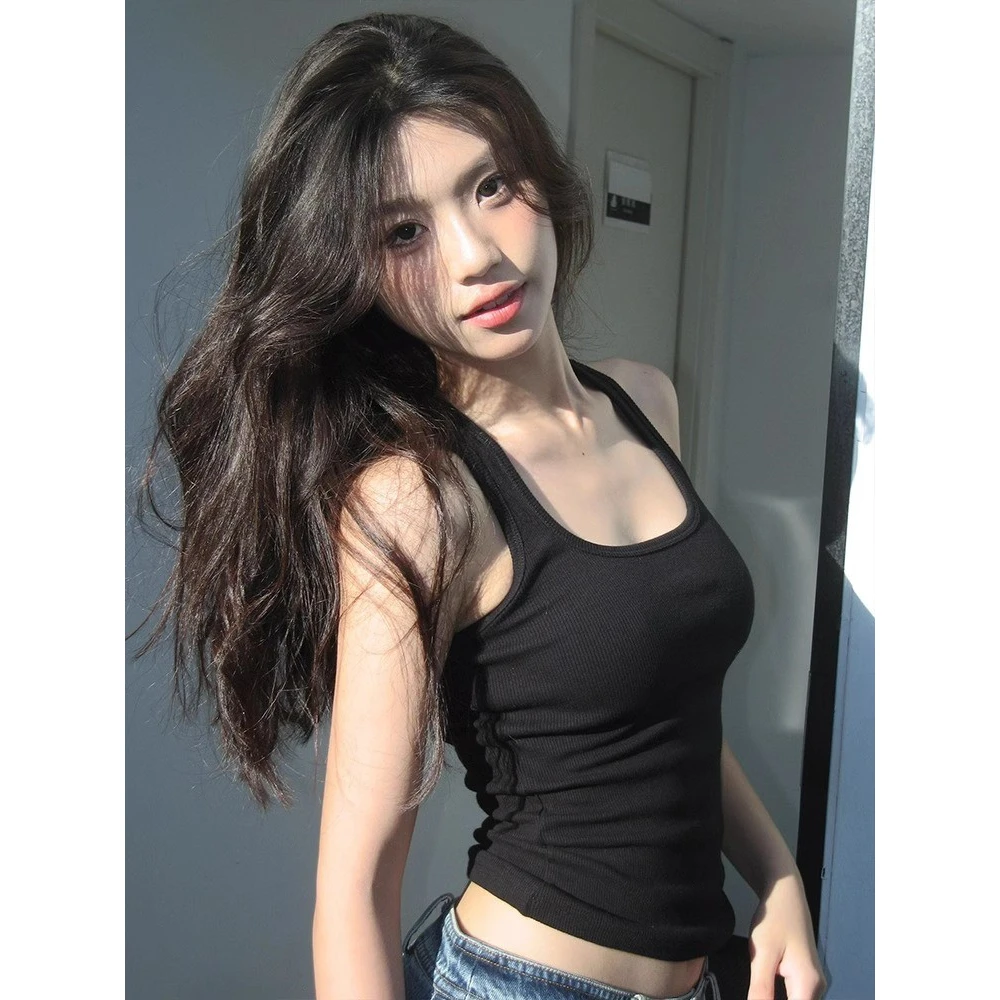 【运补6米】美式黑色方领锁骨吊带背心女夏季外穿修身纯欲上衣打底