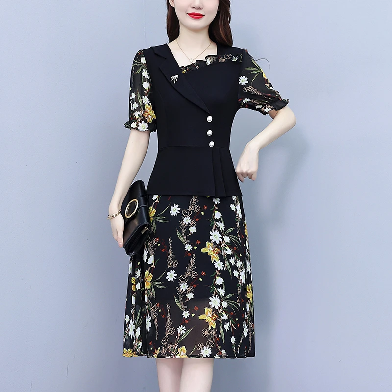 夏季新款碎花拼接时尚大码假两件气质妈妈装收腰显瘦连衣裙835885