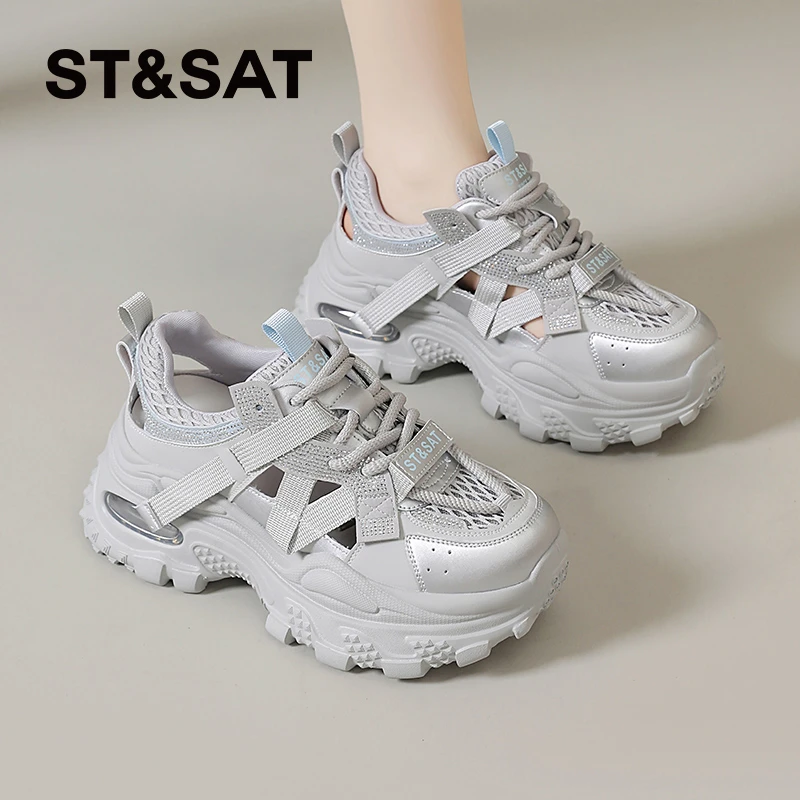 星期六运动凉鞋女2025新款夏季超火小白鞋网面透气镂空厚底老爹鞋