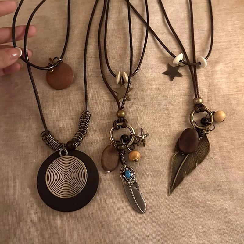 新中式禅意长款羽毛项链女复古民族风装饰毛衣链波西米亚吊坠配饰