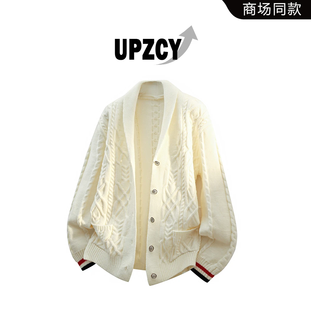 UPZCY男士提花开衫毛衣秋冬休闲肌理感针织衫上衣外套高级感男装