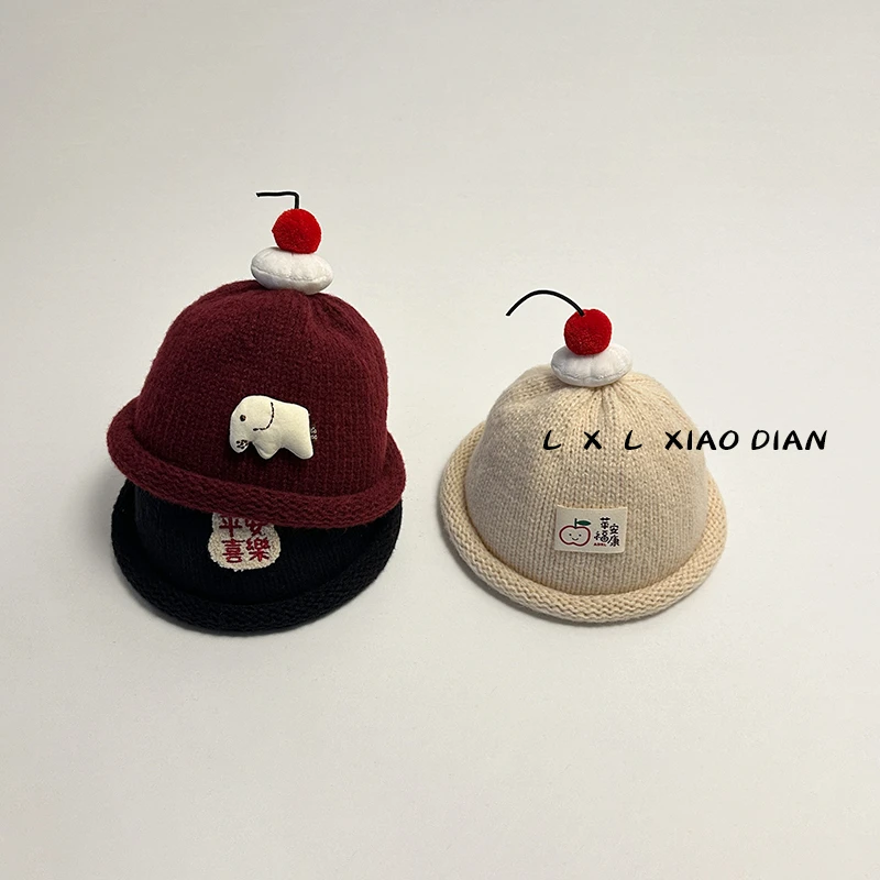 宝宝帽子冬季复古喜庆毛球针织套头帽男童女童洋气百搭儿童毛线帽