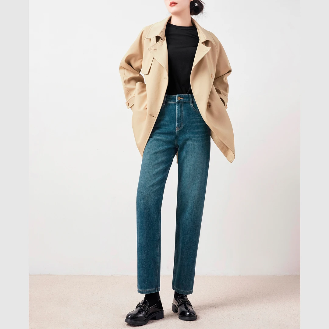 春秋季新品鸢尾蓝高腰直筒牛仔裤女宽松显瘦九分烟管裤宽松法棍裤