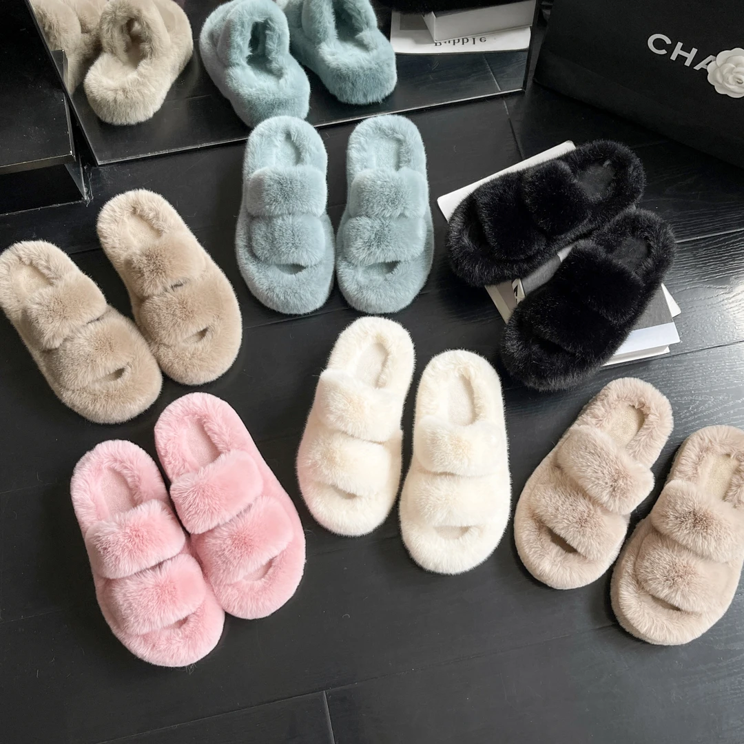 2024春秋季爆款时尚百搭外穿网红双杠厚底防滑一字拖鞋居家毛毛鞋