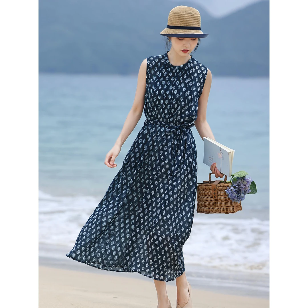 高端纯苎麻碎花连衣裙女2025新款夏季气质飘逸棉麻无袖背心裙薄款