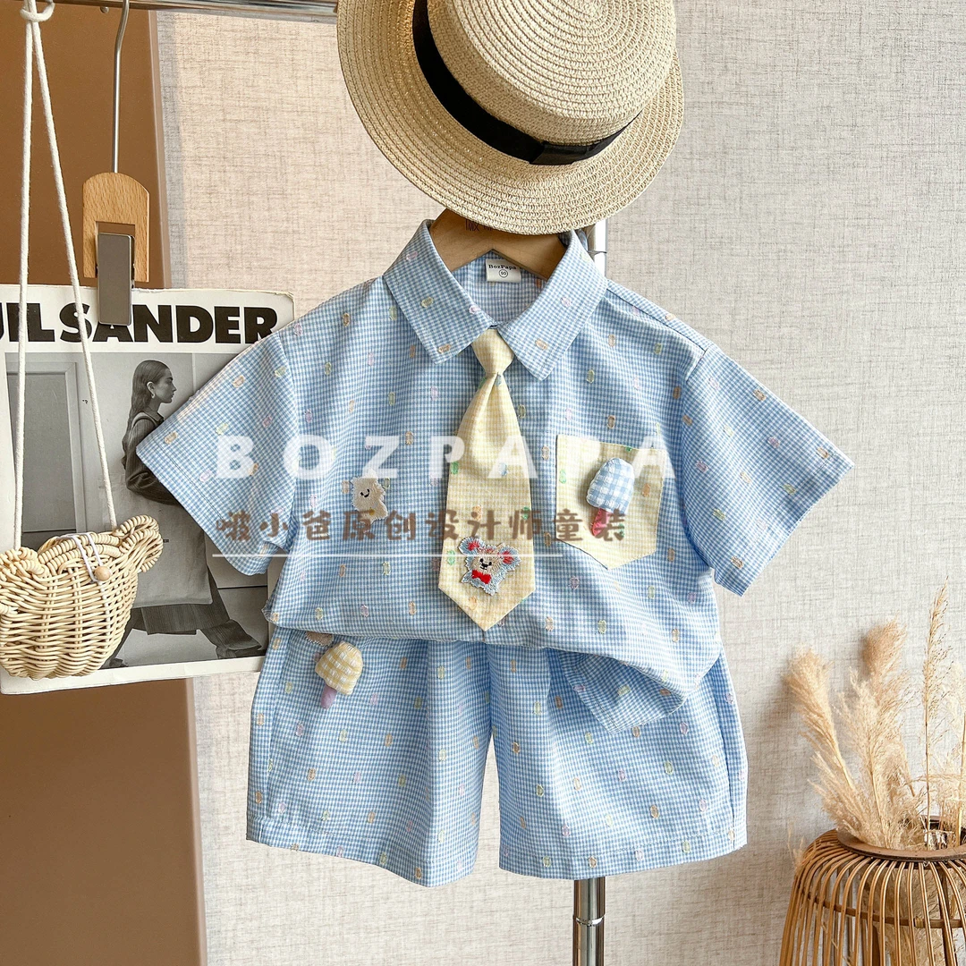 现货啵小爸【自然雨波】2025夏季男童韩系休闲男宝蓝色格纹衬衫套装