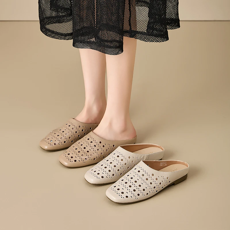 波西米亚风镂空透气不闷脚平底包头真皮休闲半拖百搭时尚AB25227