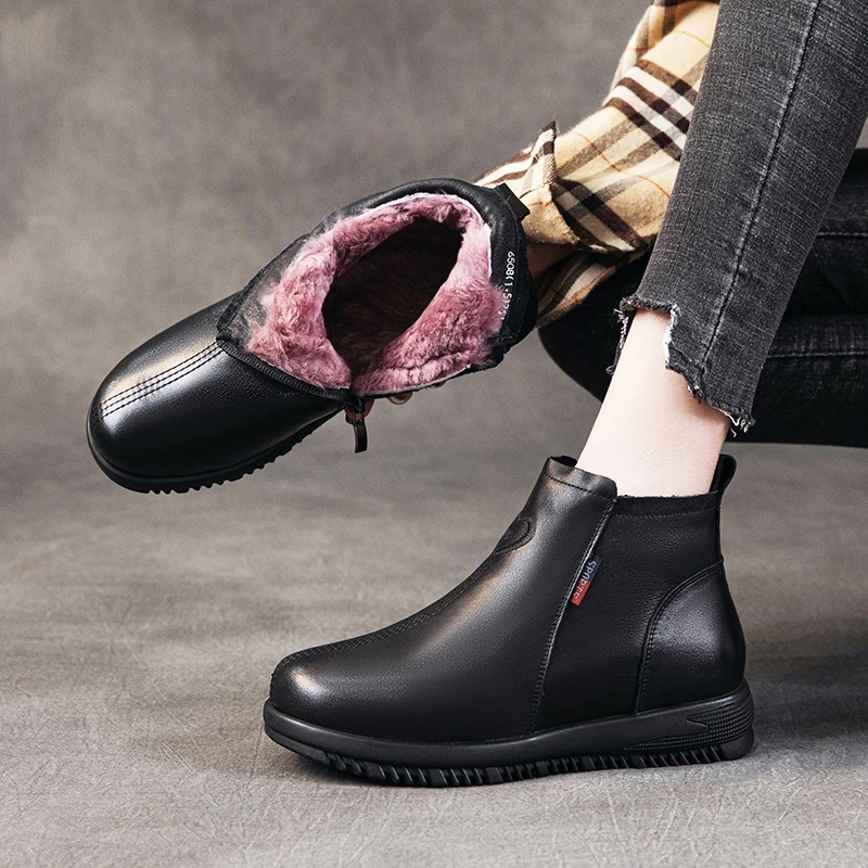 【6508X】头层牛皮圆头加厚软底防滑保暖妈妈冬季舒适防滑小短靴