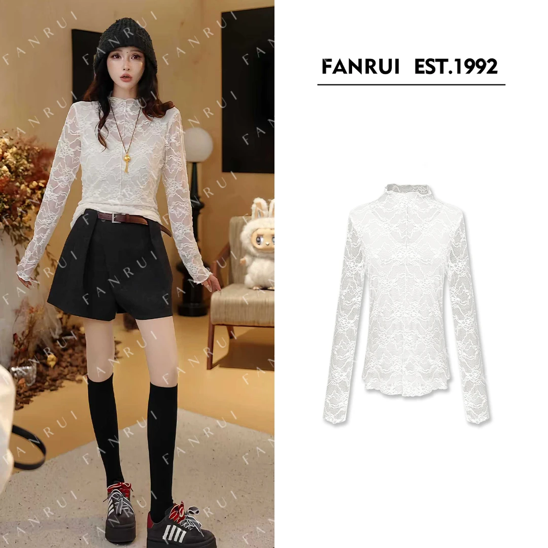 双11专属「千山暮雪」绣花纱网高领独特洋气百搭打底上衣B18775