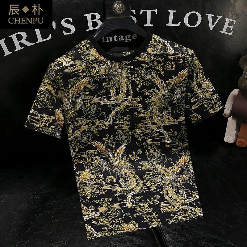 复古男士花色短袖2025新款潮牌印花圆领t恤时尚个性修身半袖上衣