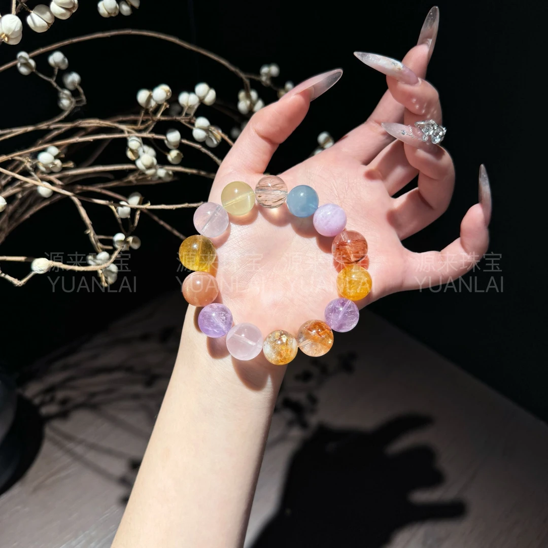 *祈愿糖豆*胶花紫水黄水粉晶萤石太阳石手串YY3646