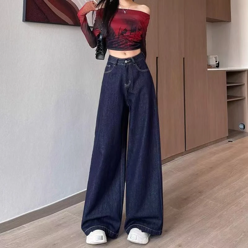 2025春秋高腰宽松显瘦垂感拖地裤美式复古丹宁蓝牛仔裤女阔腿牛仔