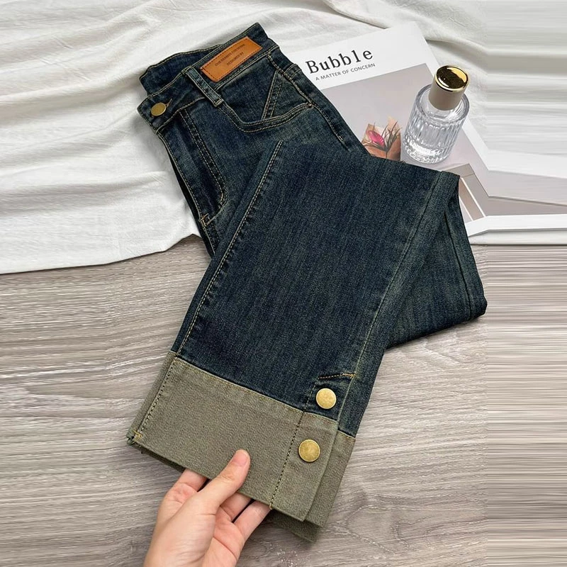 拼接直筒牛仔裤女2025年春季新款小个子九分裤高腰显瘦复古烟管裤