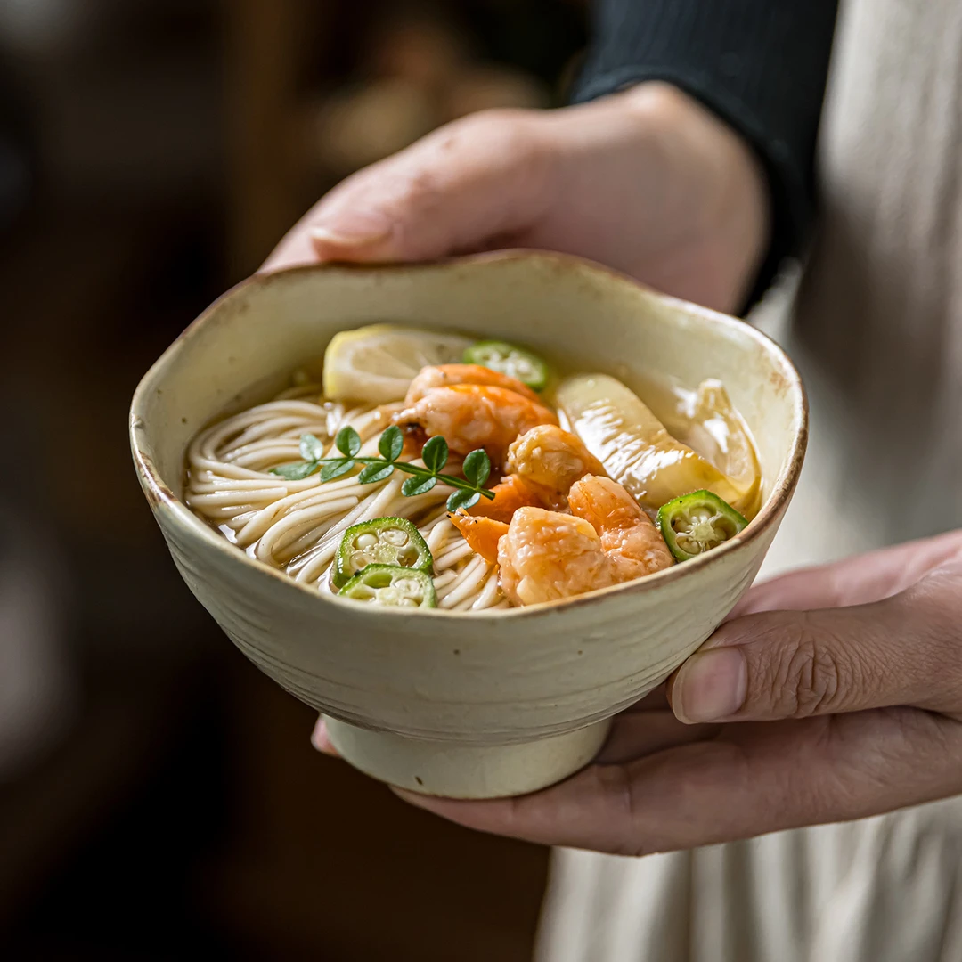 日式复古粗陶高脚面碗手工侘寂风餐具家用汤面碗拉面碗创意料理碗