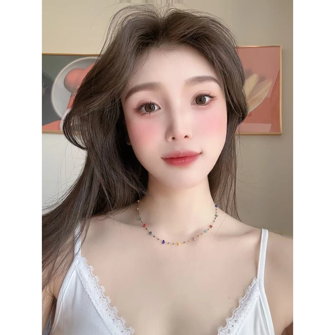 铜合金石英石项链 清新文艺风彩色几何小方块女气质感复古30