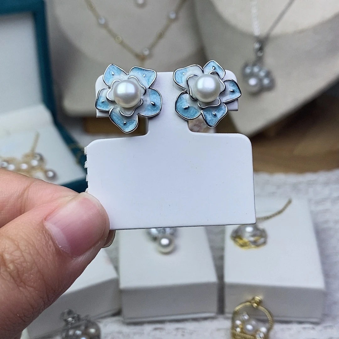 耳饰银S925镶嵌淡水珍珠