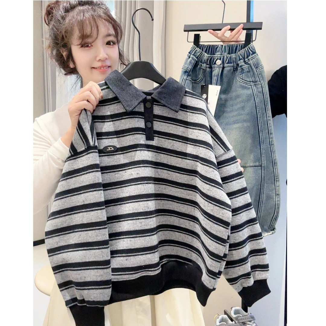 【加绒】儿童秋冬季加绒加厚条纹卫衣2025新款韩版