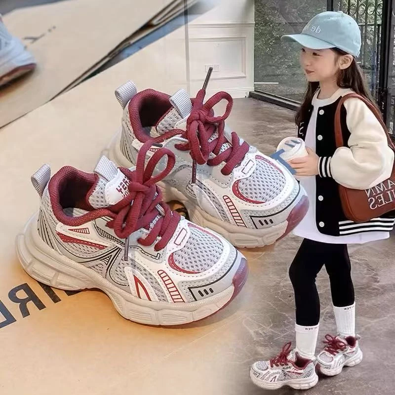 ABC女童运动鞋2025春秋新款学生跑步鞋儿童老爹鞋网面透气中大童