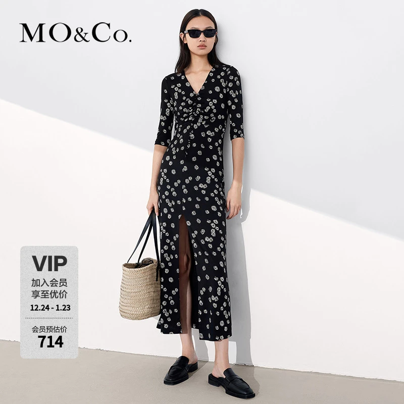 MOCO夏季V领开衩印花长裙连衣裙MBB2DRST05