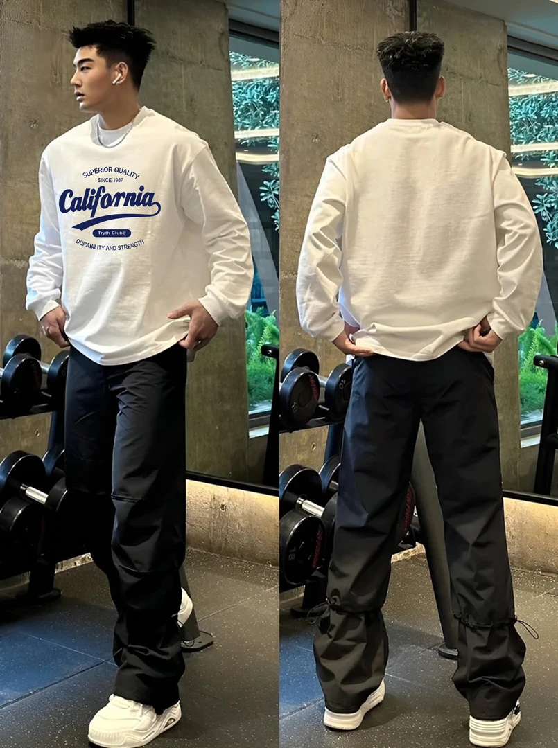 美式潮牌重磅长袖t恤男女同款打底字母印花纯棉秋季情侣白色上衣