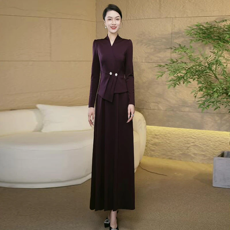 紫色连衣裙女2025春秋新品气质穿搭假两件长裙显瘦高腰裙子3084