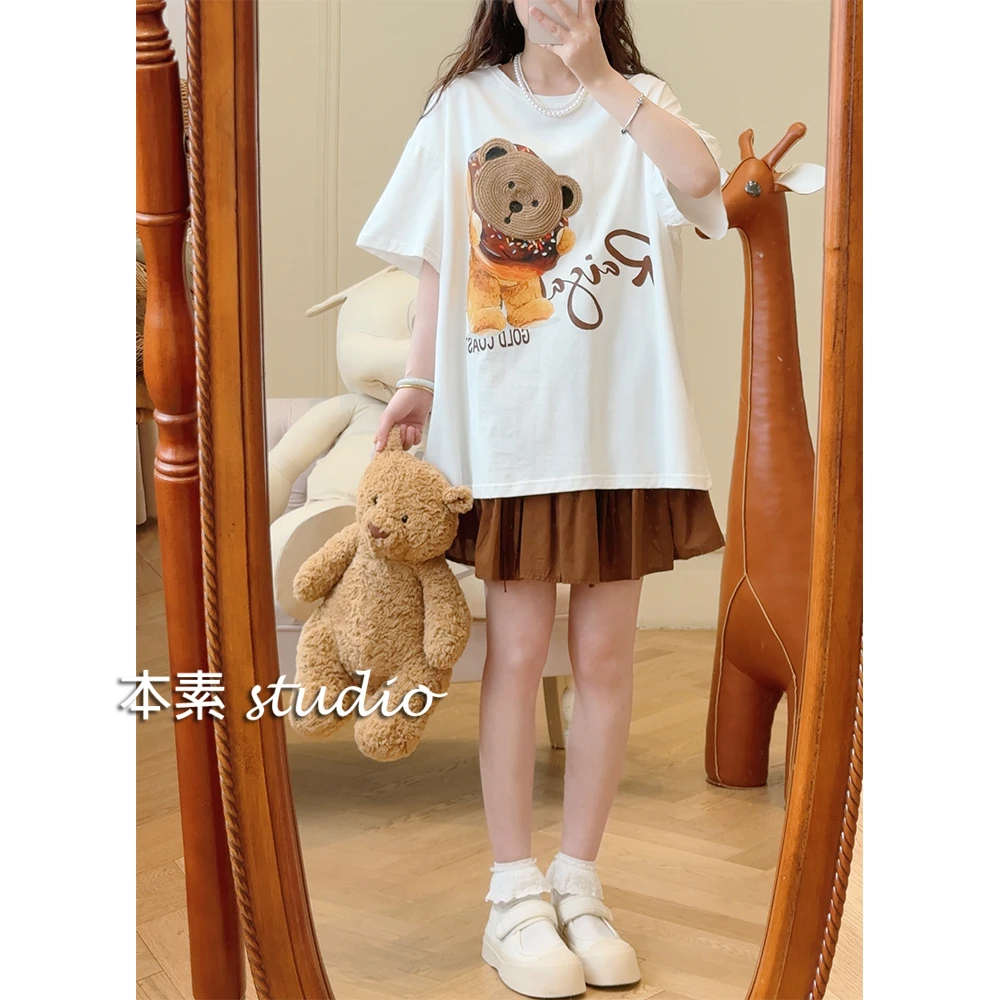 小熊T C3951编织小熊印花圆领短袖T恤