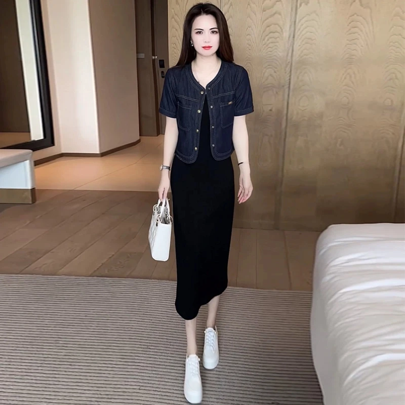 时尚套装裙女2025夏季新款时髦洋气短袖牛仔外套吊带连衣裙两件套
