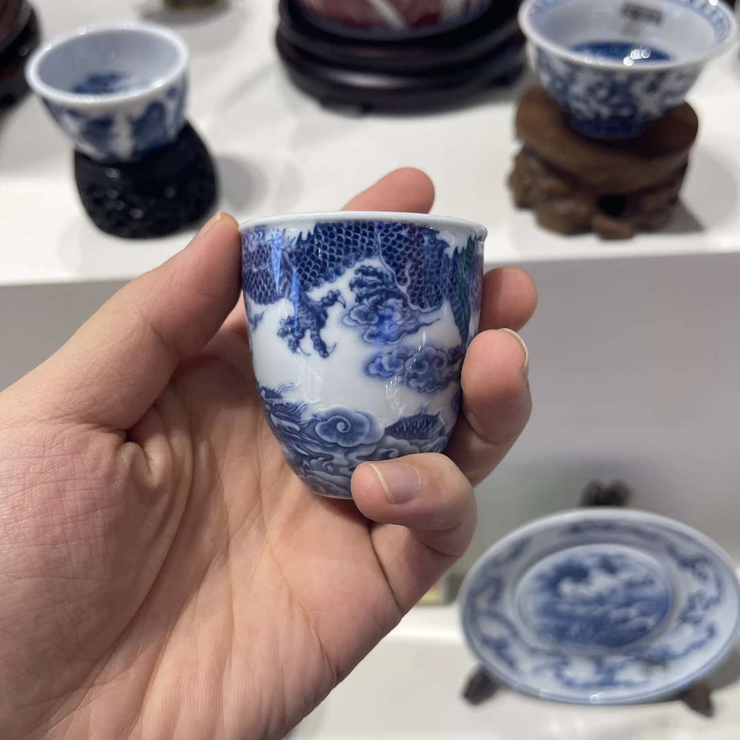 钟家窑 柴窑 纯手绘 青花 苍龙教子手握杯