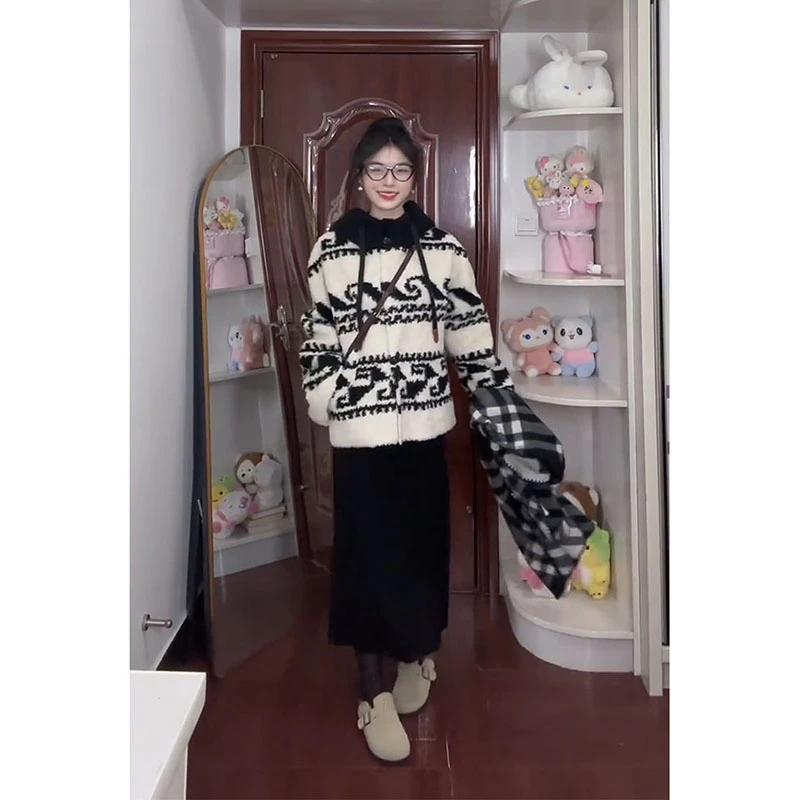 parkyeon设计感别致提花针织连帽开衫女黑色高级感半身裙两件套