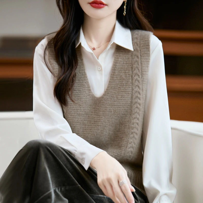 100%纯澳毛羊毛衫假两件休闲毛衣上衣女163