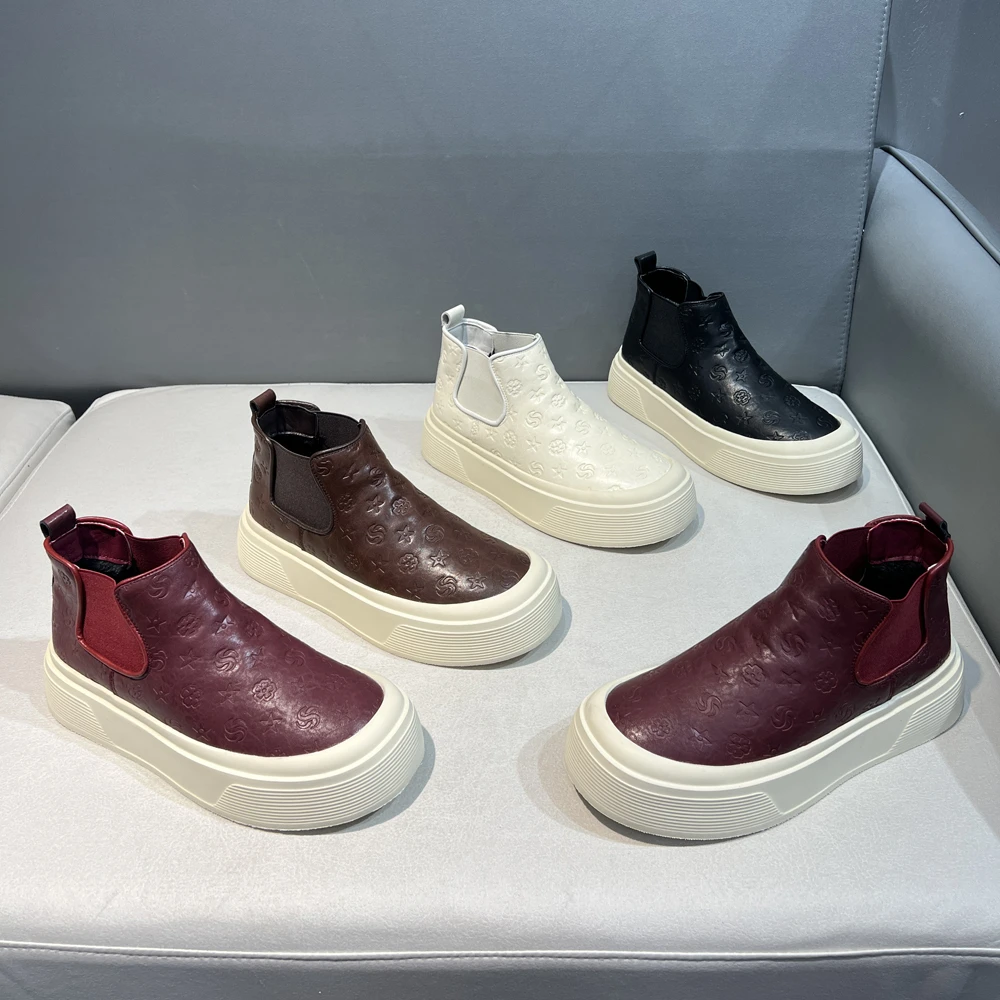印花油蜡软皮一脚蹬高帮休闲鞋时尚百搭软底舒适单棉同款男士短靴
