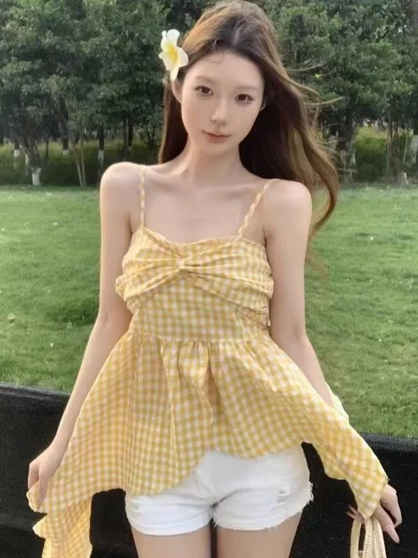 大码女装玫红色扭结格子背心女夏季新款不规则无肩带裙摆上衣