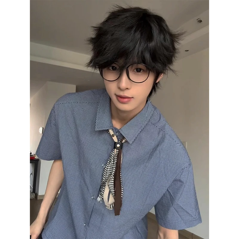 蓝色小格子短袖衬衫男夏季美式复古高级感格纹衬衣老钱风半袖外套