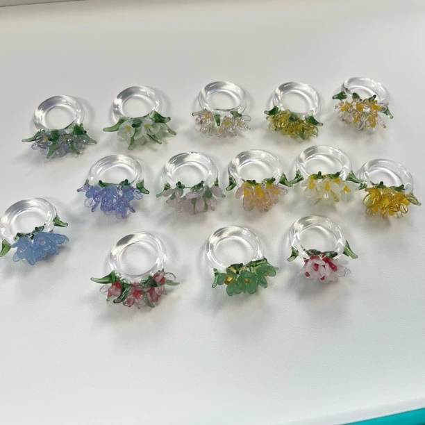 非金属玻璃戒指 五朵花琉璃戒指小清新少女精致