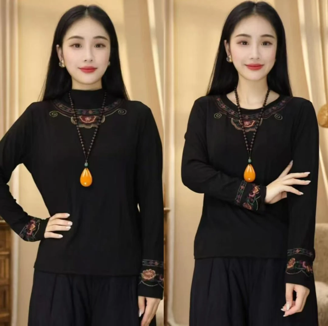 引卷引卷  秋复古高领打底衫女刺绣保暖打底衫长袖上衣