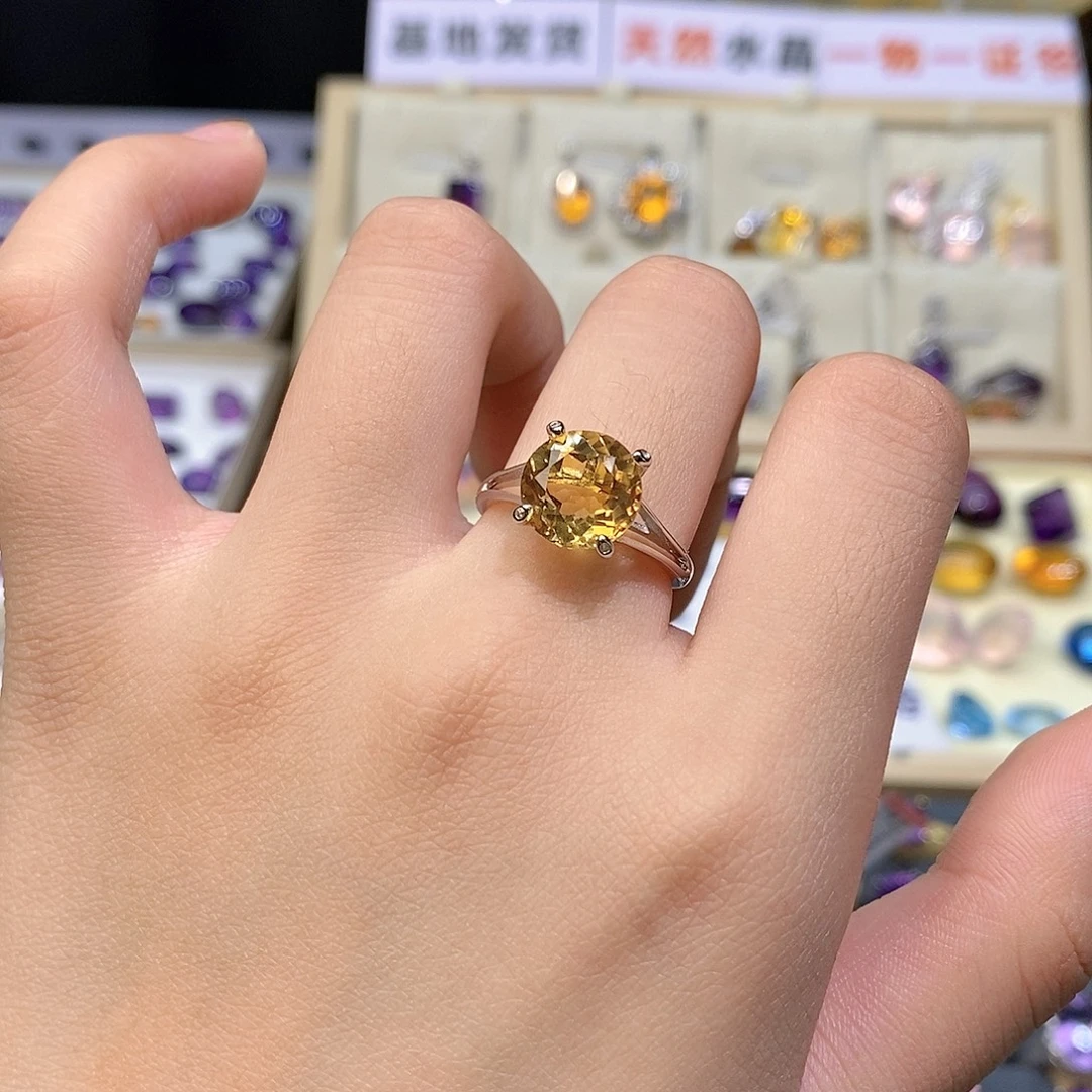 珠宝半成品银S925镶嵌水晶纯天然黄水晶戒指x
