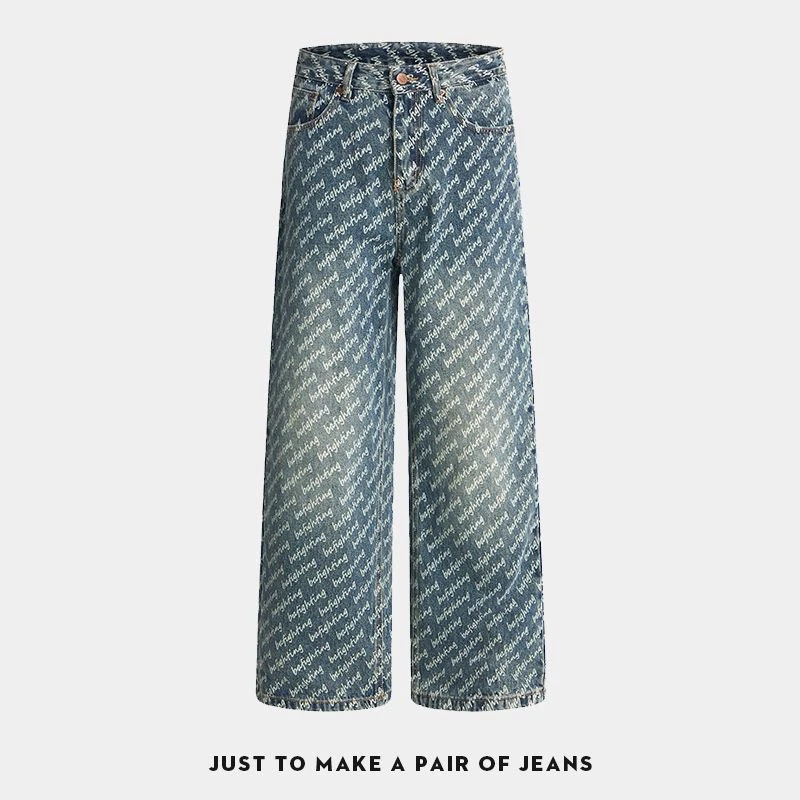 新款男复古做旧牛仔裤时尚潮流字母印花百搭休闲长裤子男装直筒裤