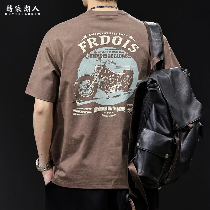 美式复古潮牌印花短袖t恤男士夏季2025新款高端重磅纯棉大码体恤