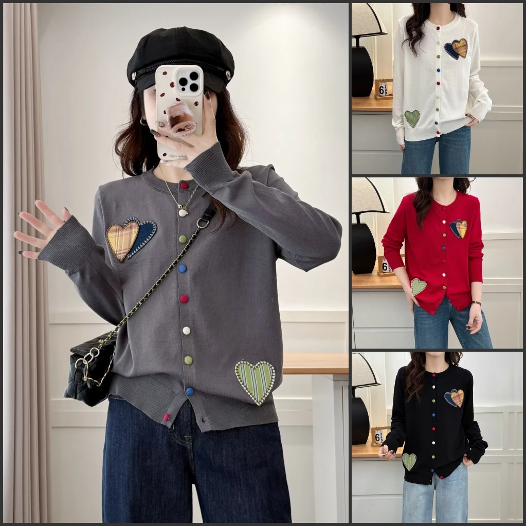 大码胖mm减龄百搭显瘦爱心刺绣针织开衫女春季新款宽松洋气上衣