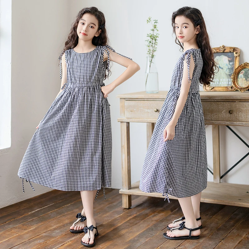 女童连衣裙夏季无袖格子裙子2025新款韩版中大童女孩收腰度假裙子